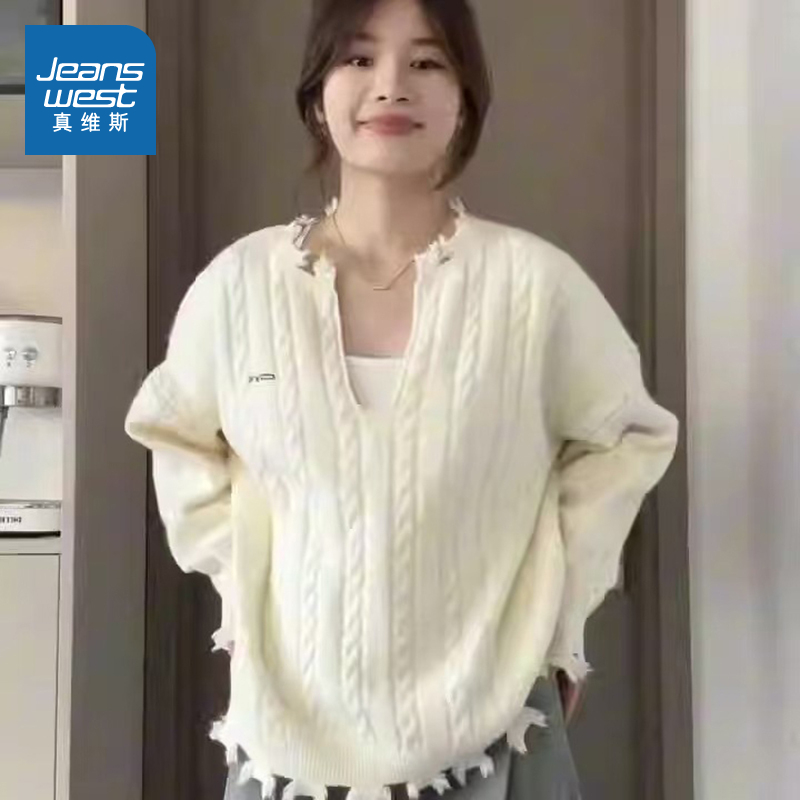 女装设计感宽松V领毛衣