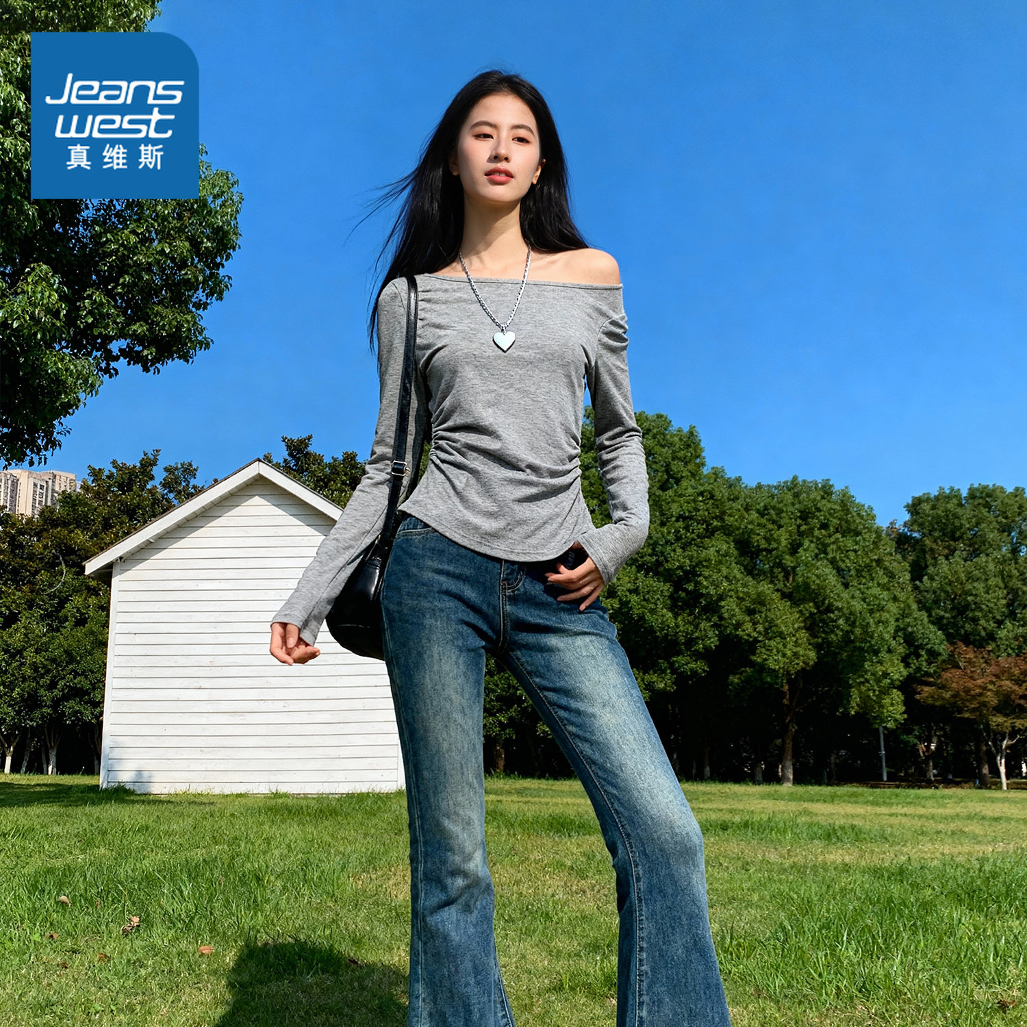 NOW真维斯斜肩露肩长袖t恤女2026新款春秋季小众设计感打底衫