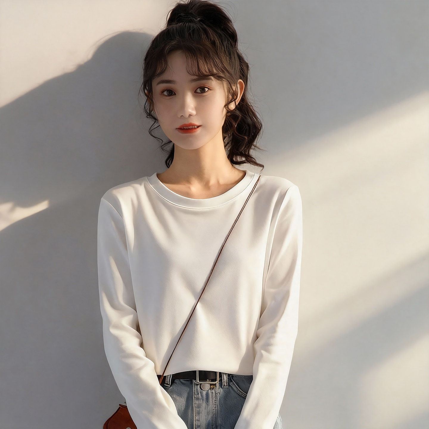 KV真维斯宽松白色圆领长袖t恤女春秋款2026年新款纯棉内搭打底