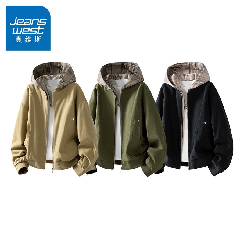 N5真维斯外套男2025秋季新款美式潮牌连帽拼接上衣服男士春秋夹
