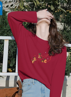 KHV真维斯红色内搭打底衫女春秋季2025新款马年本命年长袖t恤上衣