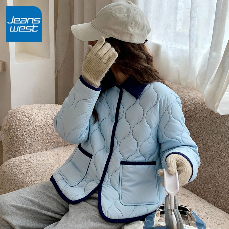 真维斯撞色翻领棉服女2025新款