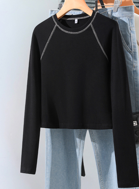 KWV真维斯黑色长袖t恤女2026新款春秋修身显瘦内搭上衣打底衫