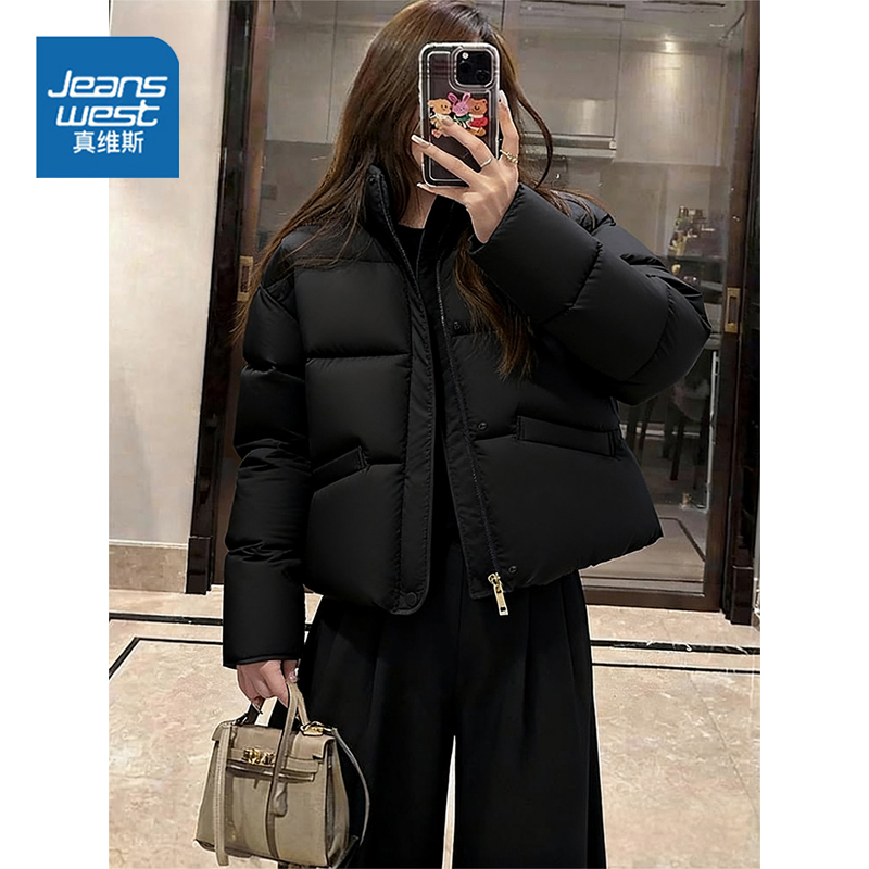 NOW真维斯黑色棉服女款2025新款冬季立领短款棉衣袄子外套面包服