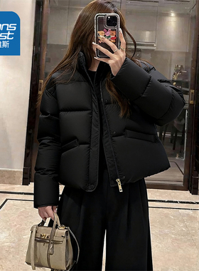 NOW真维斯黑色棉服女款2025新款冬季立领短款棉衣袄子外套面包服
