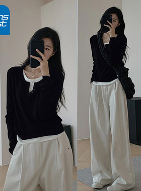 NOA真维斯黑色假两件长袖T恤女2025秋新款拼接修身显瘦内搭打底衫