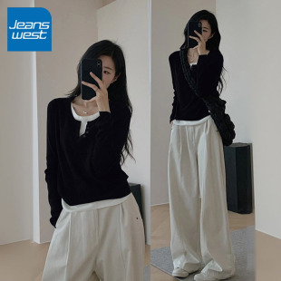 NOA真维斯黑色假两件长袖T恤女2025秋新款拼接修身显瘦内搭打底衫