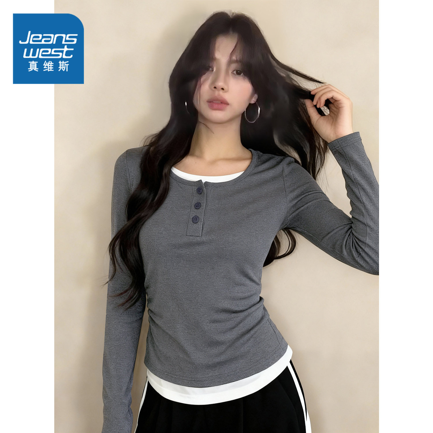 NOB真维斯假两件长袖t恤女士2026新款春季独特打底衫修身内搭