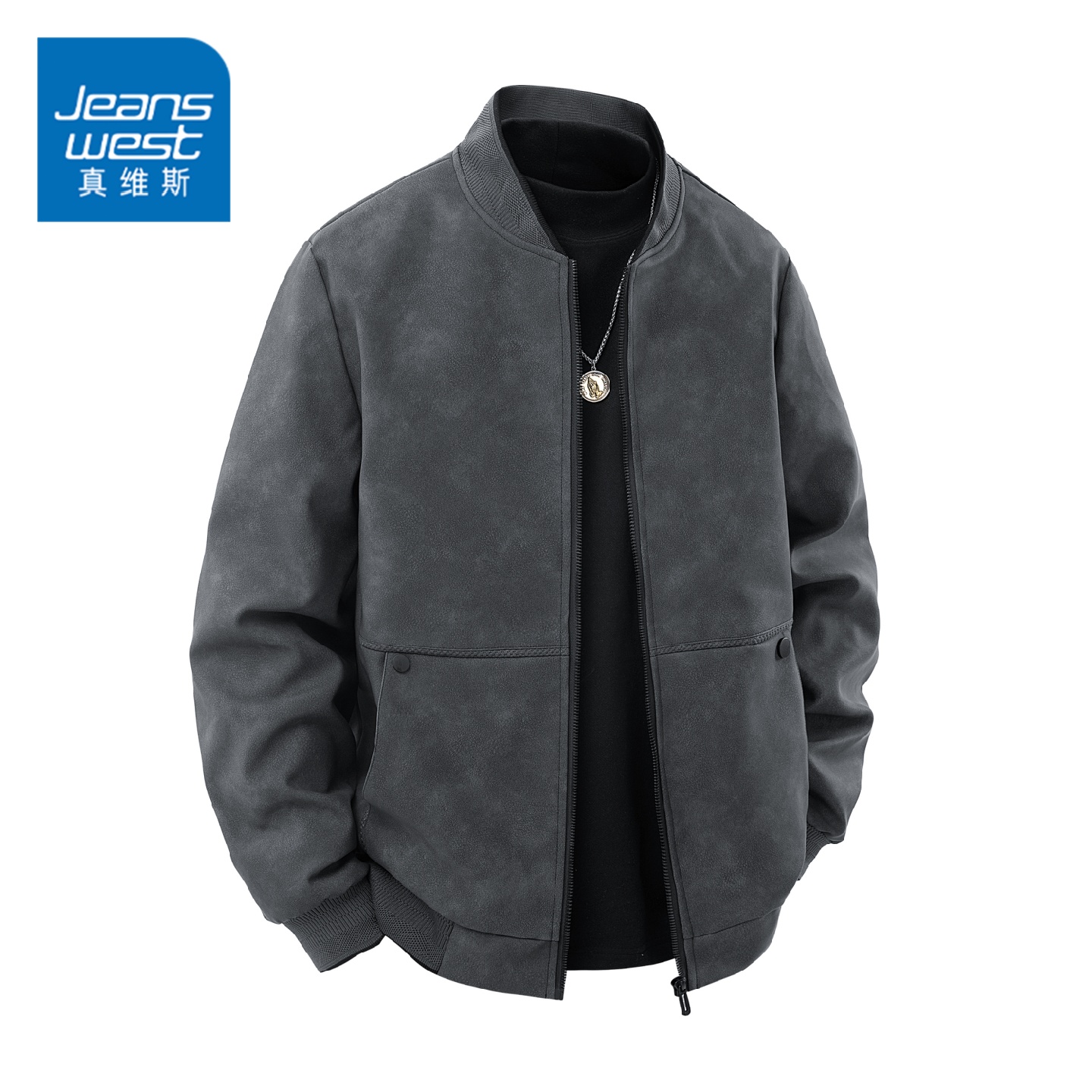 真维斯潮牌棒球领皮衣夹克男生款