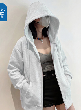 NOW真维斯灰色连帽卫衣外套女2026新款春秋季美系高级感宽松上衣