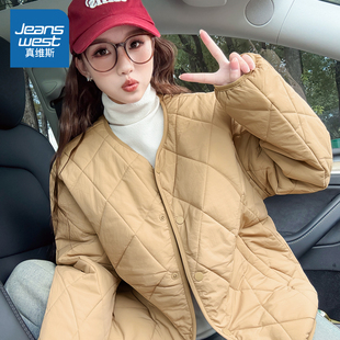 LB真维斯轻薄棉服女2025新款 咖色夹棉外套女士正肩无领棉袄 秋冬款