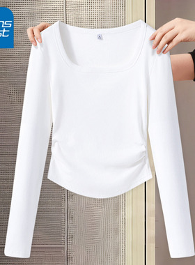 KV真维斯白色方领长袖t恤女2026新款秋季u领修身抽褶内搭短款上衣