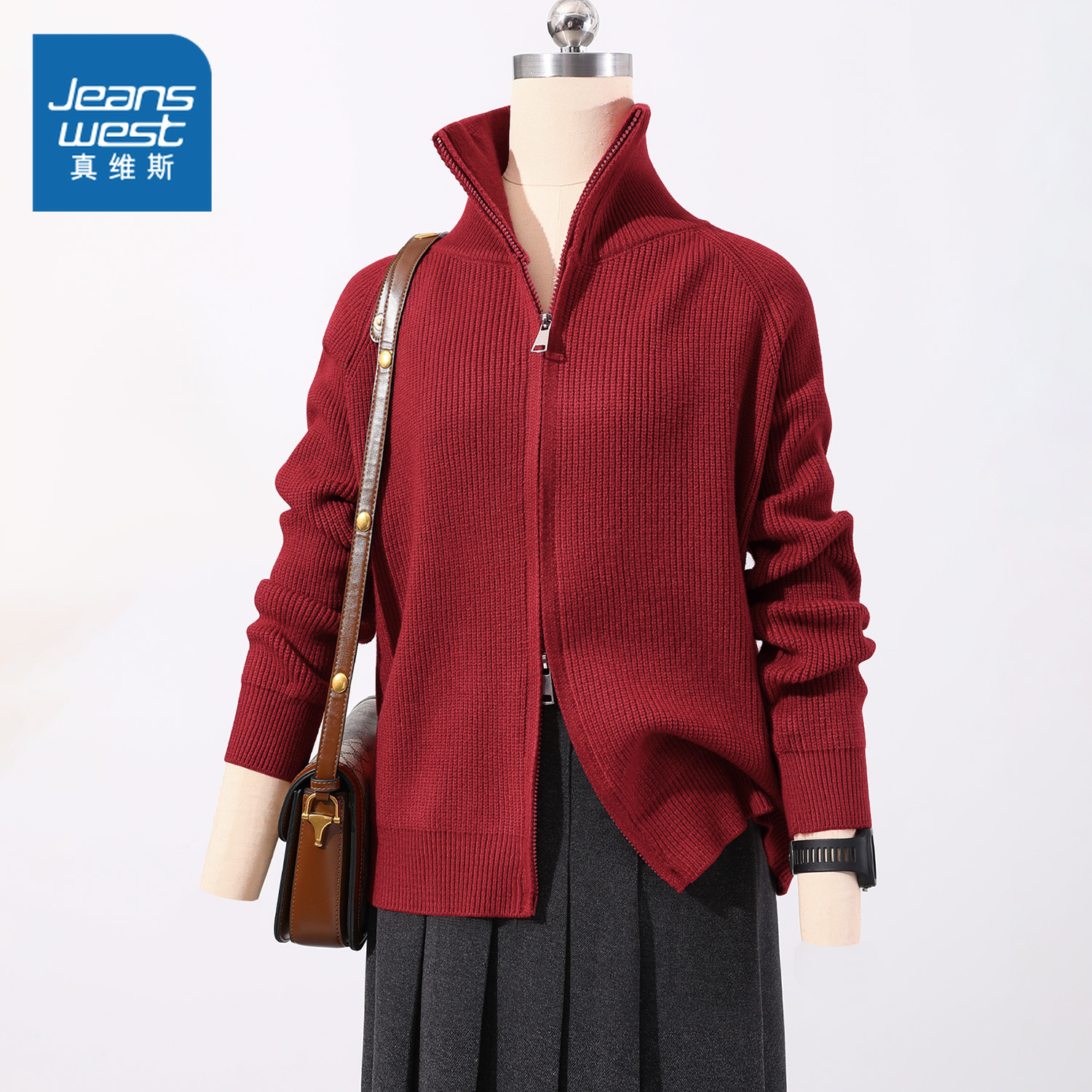 真维斯立领毛衣外套女秋冬新款