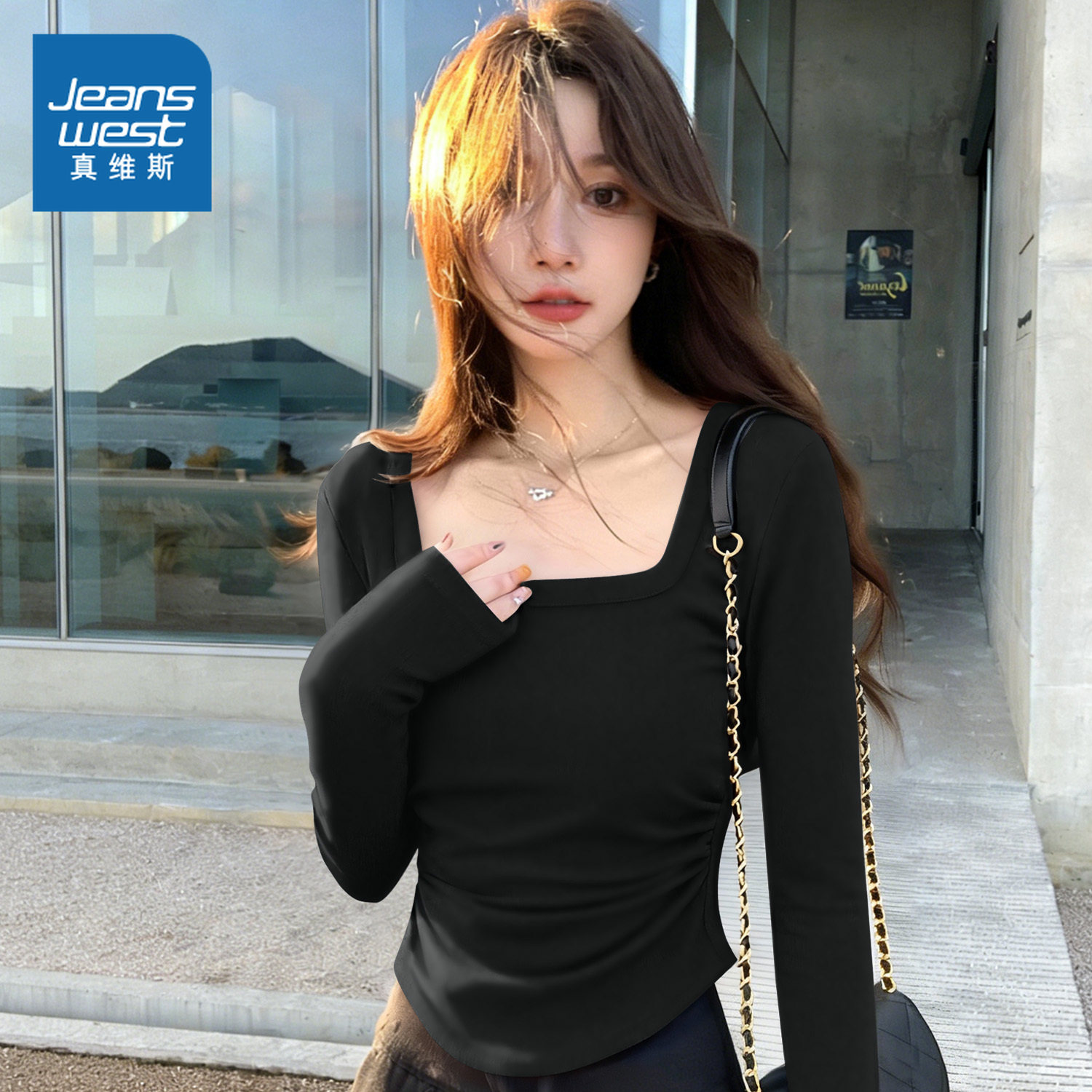 KMV真维斯辣妹方领长袖t恤2025新款女春秋修身显瘦上衣黑色打