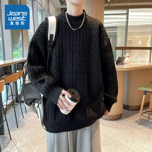 KF真维斯男装冬季嘻哈风炸街炫酷青春男款圆领长袖毛衣男款衣服