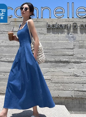 LEP真维斯女装2025夏季新款时尚气质吊带长裙蓝色女士收腰连衣裙