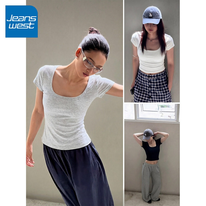 KCV真维斯灰色方领正肩短袖t恤女装2026夏季新款高级修身显瘦上衣,女装/女士精品,T恤,淘宝优惠券,粉丝福利购,淘宝优惠卷