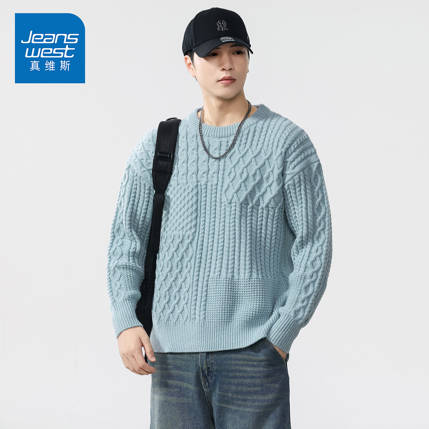 NG真维斯粗针麻花纯色毛衣男秋冬新款宽松舒适百搭圆领针织衫线衣