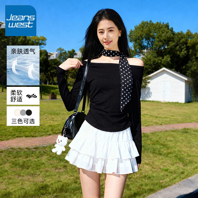 NOA真维斯黑色一字肩长袖t恤2026新款春秋修身高级感露肩上衣