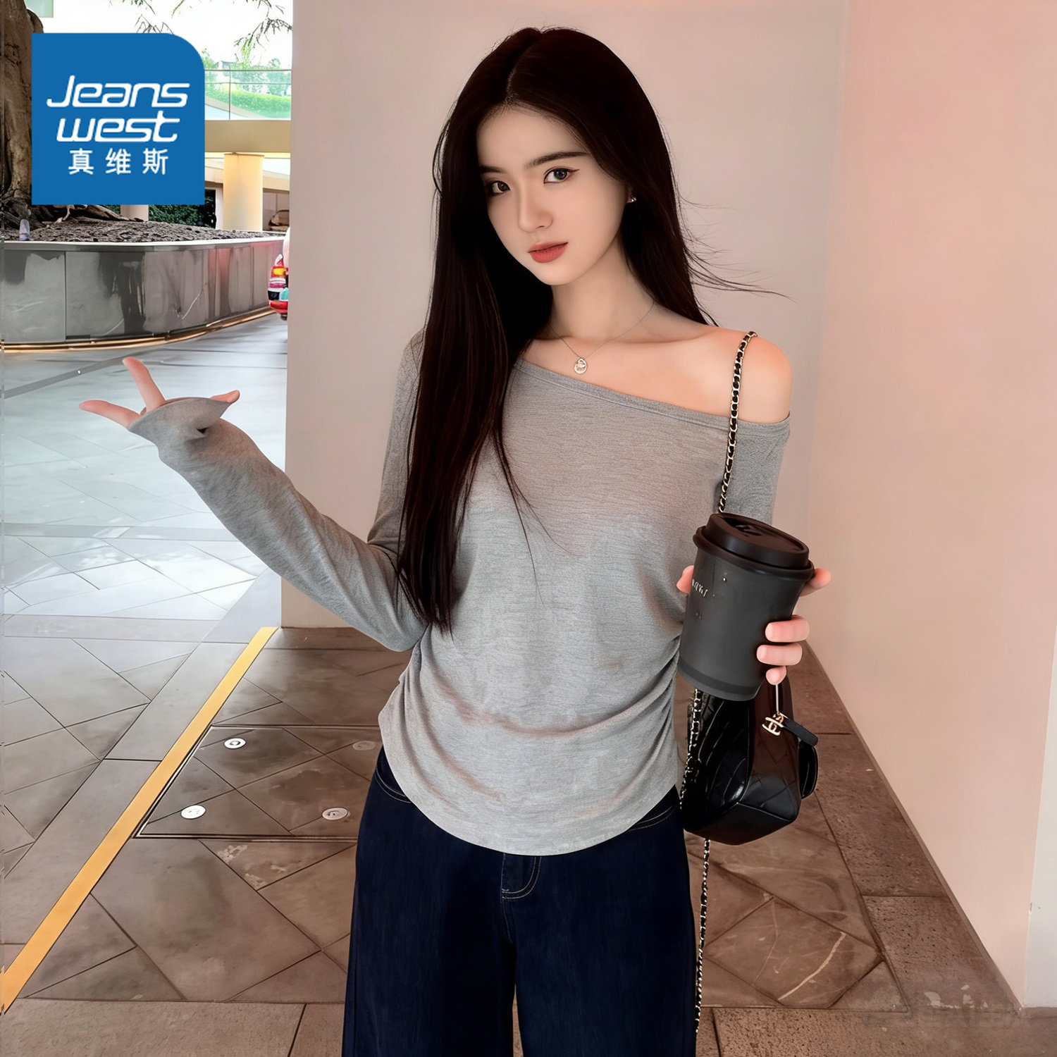 NOW真维斯一字肩露肩长袖t恤女春秋季2026新款修身设计感打底