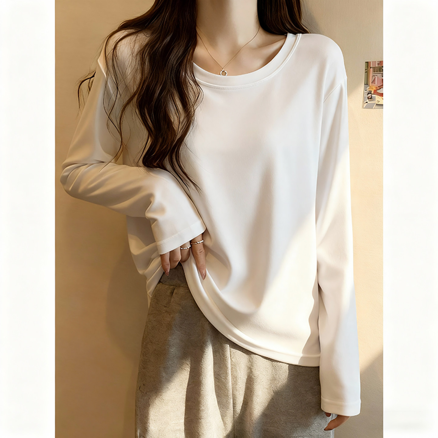 KV真维斯宽松打底衫白色圆领长袖t恤女春秋款2026年新款内搭上