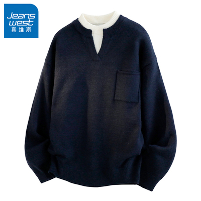 N5真维斯毛衣男2025新款秋冬季美式宽松高领假两件上衣男款针织衫