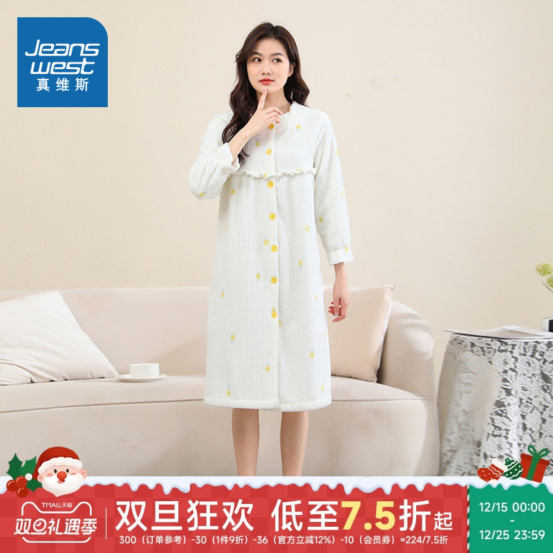 PA6真维斯女款2025冬季可爱印花加绒保暖宽松舒适时尚长袖睡裙