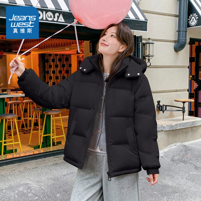真维斯黑色棉服女冬加厚棉衣棉袄