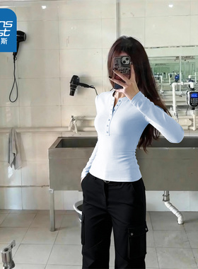 NOW真维斯蓝色正肩长袖t恤女2026新款春秋季收腰显瘦设计感上衣女