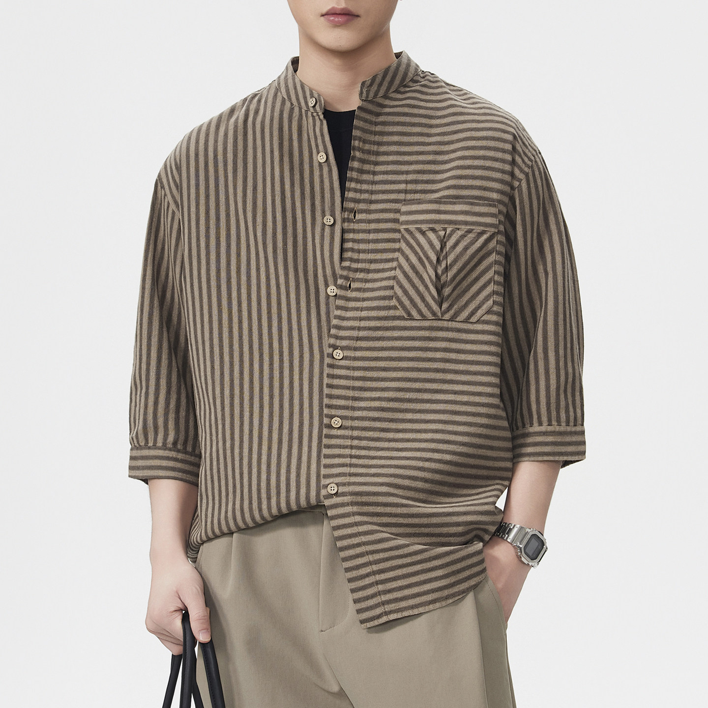 夏季男士宽松立领条纹衬衫七分袖休闲衬衣日系复古通勤百搭上衣