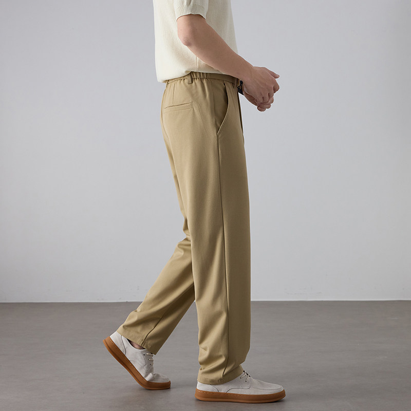 夏季新款男士卡其色垂感休闲西裤 宽松直筒褶裥商务通勤西装长裤