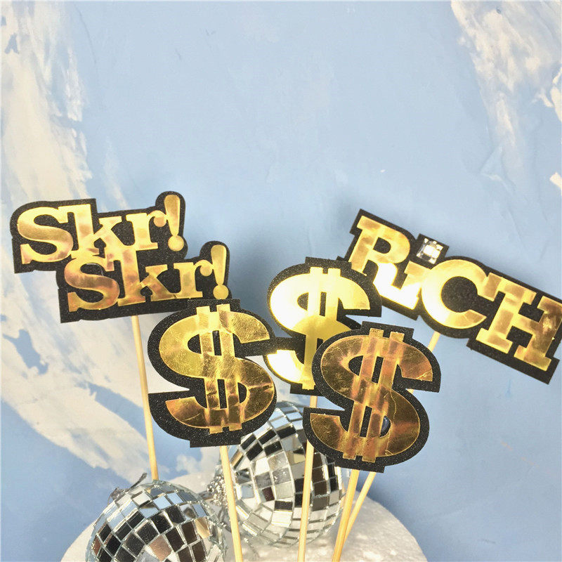 男生蛋糕装饰插牌 美金字母插件 金色亮片英文流行词汇skrskr