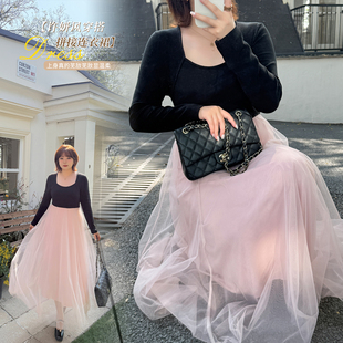 2026春季新款大码女装胖MM法式千金风拼接假两件连衣裙修身长裙