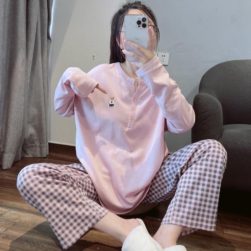 新款睡衣女圆领套头ins风长袖格子小熊宽松家居服两件套装可外穿