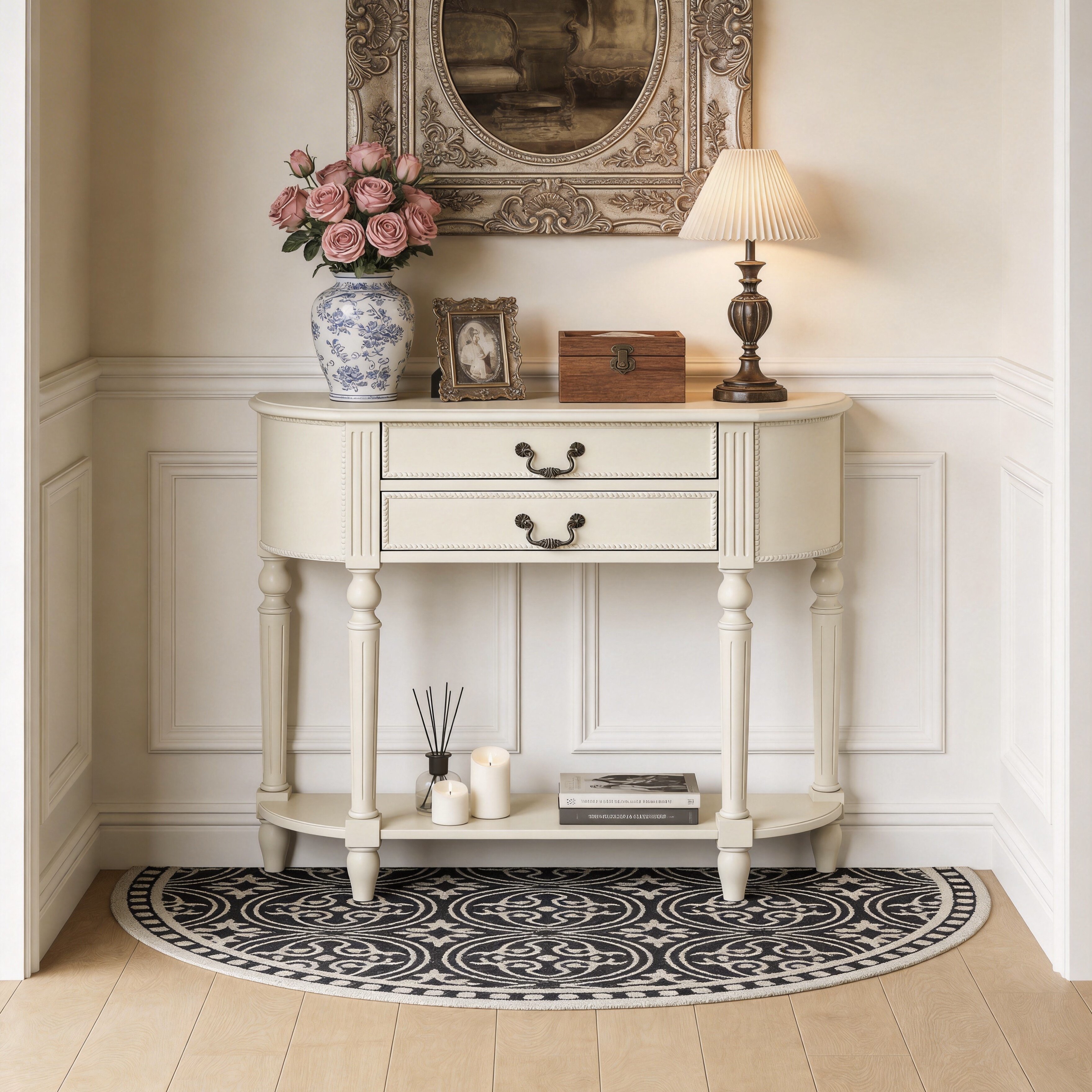 美式全实木半圆玄关桌走廊白色简约玄关台欧式门厅隔断入户玄关台