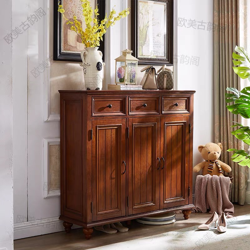 美式家用实木鞋柜大容量玄关柜储物柜门厅柜收纳欧式复古入户一体