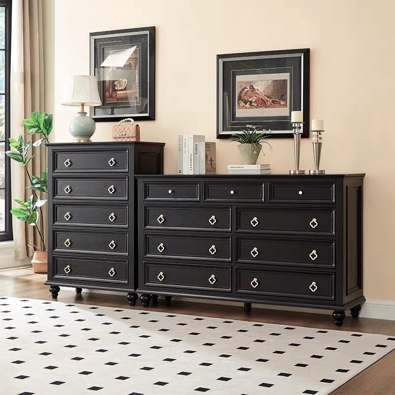 法式中古风复古九斗柜组合全实木五斗柜卧室储物黑色白蜡木抽屉柜