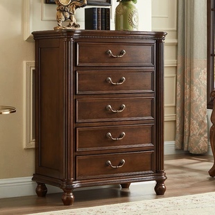 美式 抽屉收纳柜储物柜房间床边柜子卧室复古斗橱 全实木五斗柜欧式