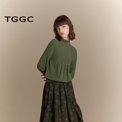 台绣针织毛衫女复古灯笼袖羊毛混纺条纹密织高领毛衣秋款S37165