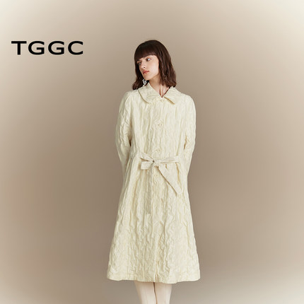 台绣新中式风衣女提花国风肌理感系带蝴蝶结翻领外套秋款J37125