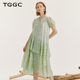 TGGC/台绣女装绿色裙子2024夏季新款飘逸灵动短袖精致好看连衣裙