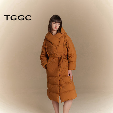 台绣长款羽绒服女斜襟系带新中式连帽收腰鸭绒保暖外套冬J37275