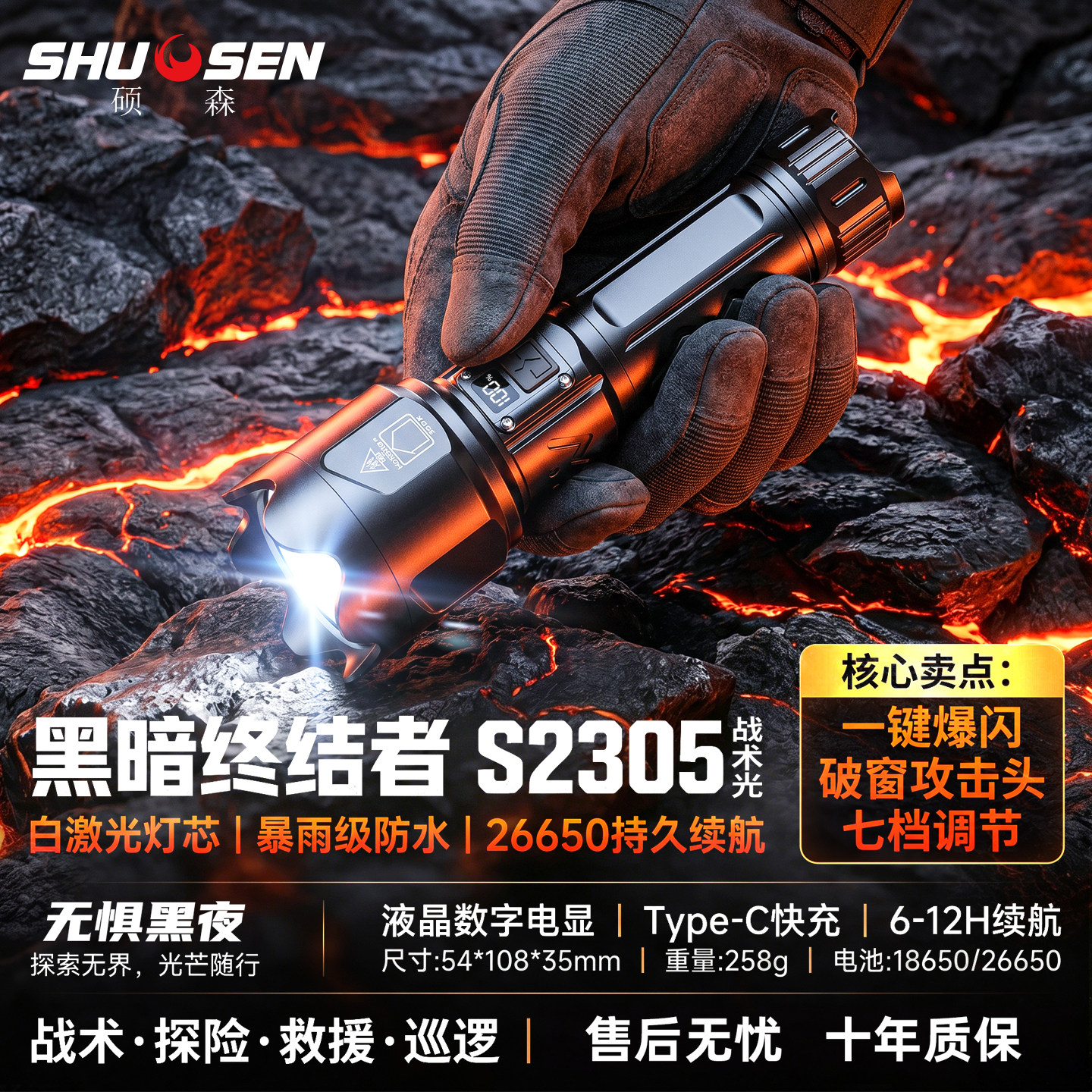 硕森手电筒强光充电2026新款小型便携远射超亮户外战术耐用大容量