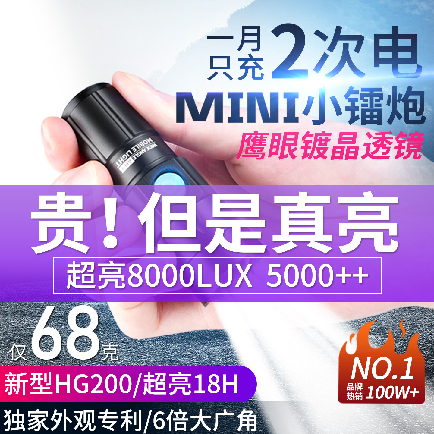 硕森强光手电筒迷你超亮户外家用变焦可充电远射小型便携战术电池