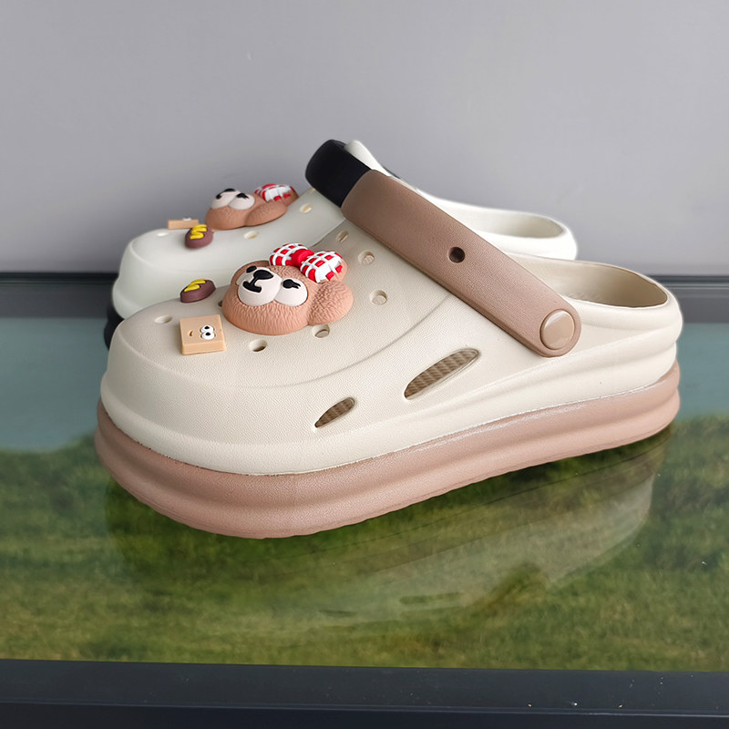 外穿洞洞鞋女夏季可爱煤球拼色厚底增高防滑两穿包头踩屎感凉拖鞋