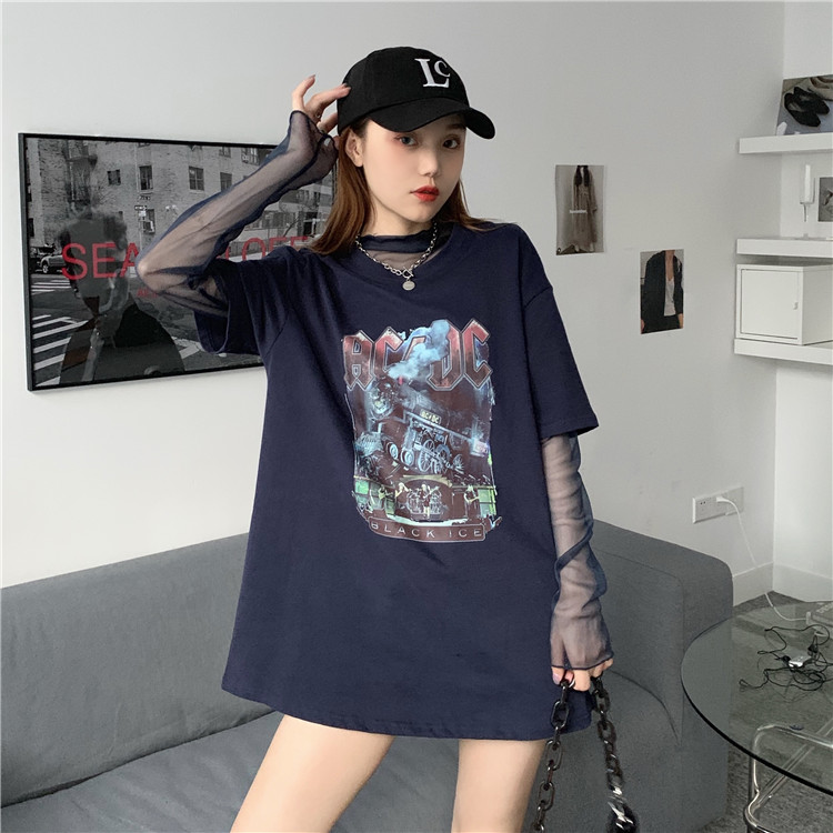 Real shot real price autumn new products thickened frosted Short Sleeve T + long sleeve transparent mesh backing