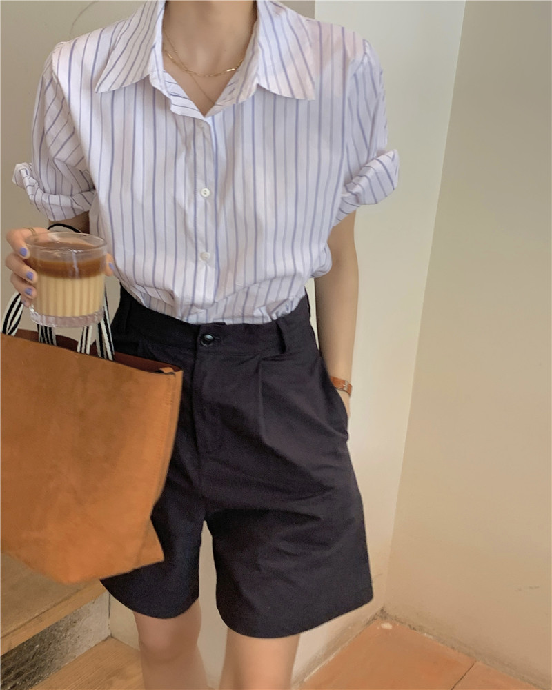 Real price chic Korean stripe short sleeve shirt