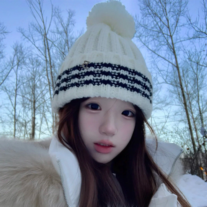 条纹毛球针织帽女秋冬季韩版大头围毛线帽显脸小保暖防寒护耳帽子,服饰配件/皮带/帽子/围巾,帽子,淘宝优惠券,粉丝福利购,淘宝优惠卷