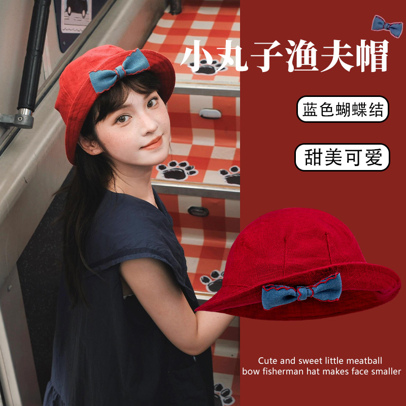 可爱小丸子蝴蝶结红色渔夫帽女甜美显脸小圆顶盆帽翻边亚麻帽子潮
