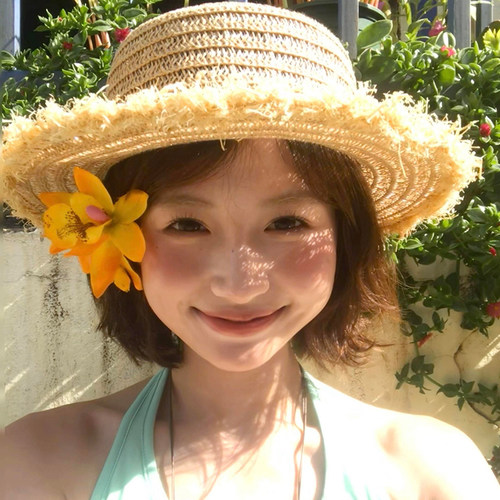 法式平顶草帽三亚海边沙滩拍照